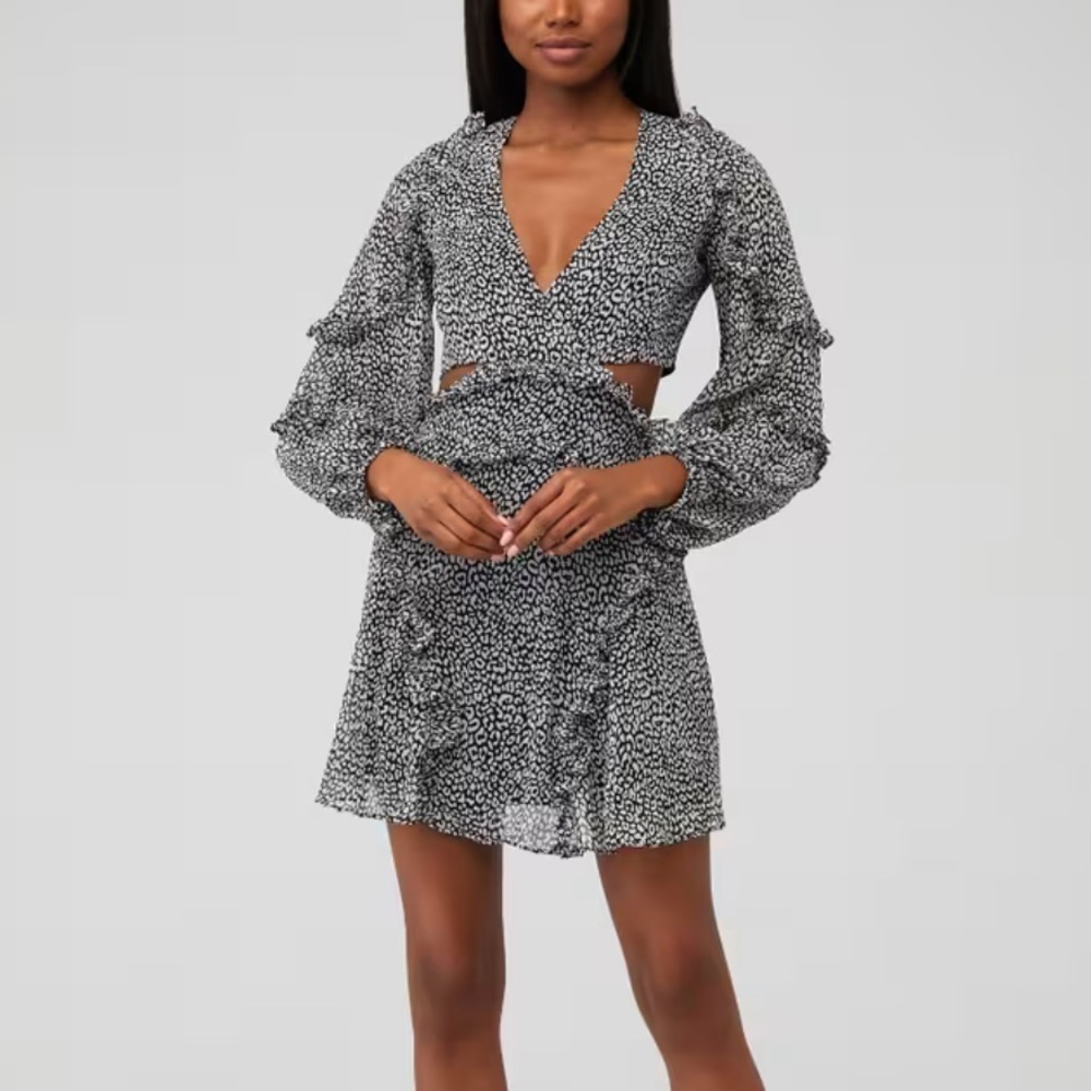 Bardot Monochrome Leopard Frill Mini Dress Size 6